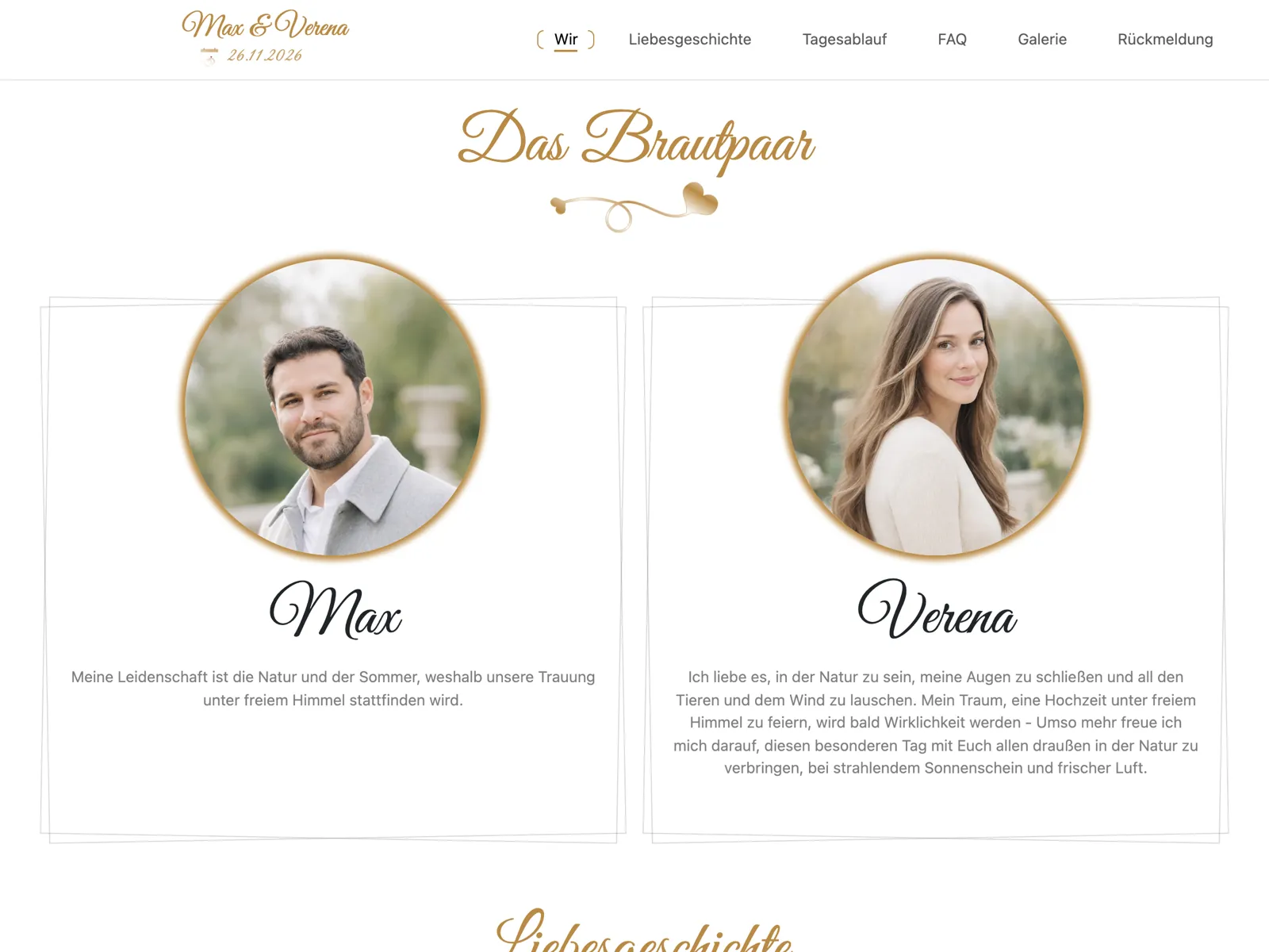 Aufbau der Hochzeitswebsite im Design Gold: Titelbereich, Countdown und Zusage-Block