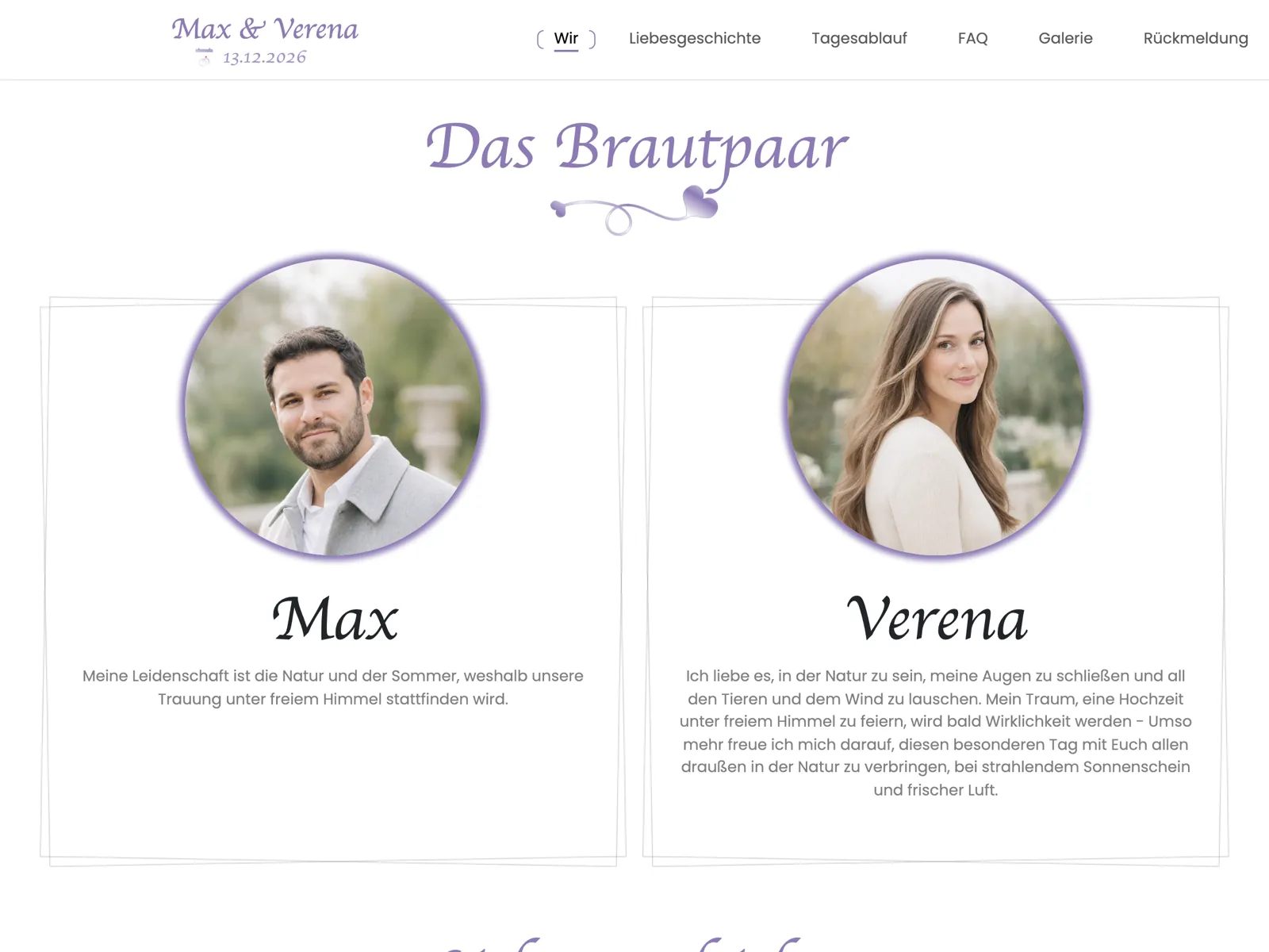 Aufbau der Hochzeitswebsite im Design Lavendel: Titelbereich, Countdown und Zusage-Block