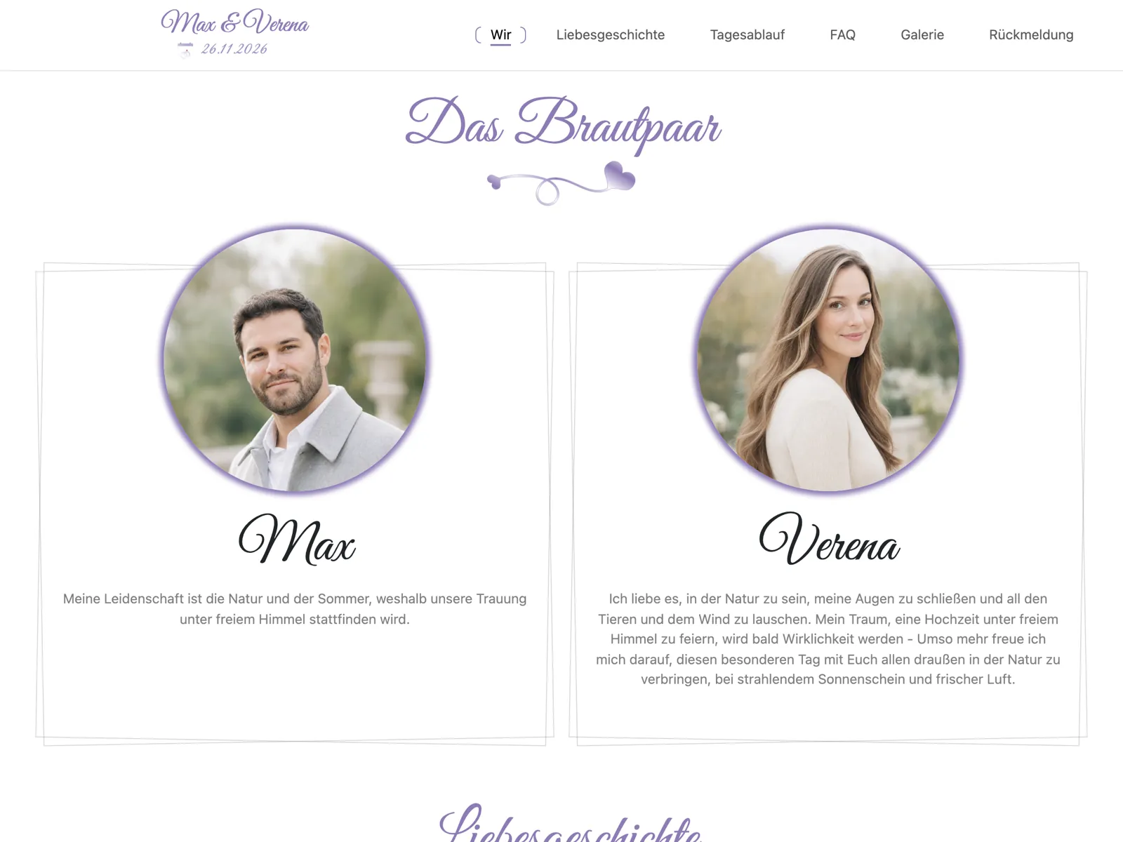 Aufbau der Hochzeitswebsite im Design Lavendel: Titelbereich, Countdown und Zusage-Block