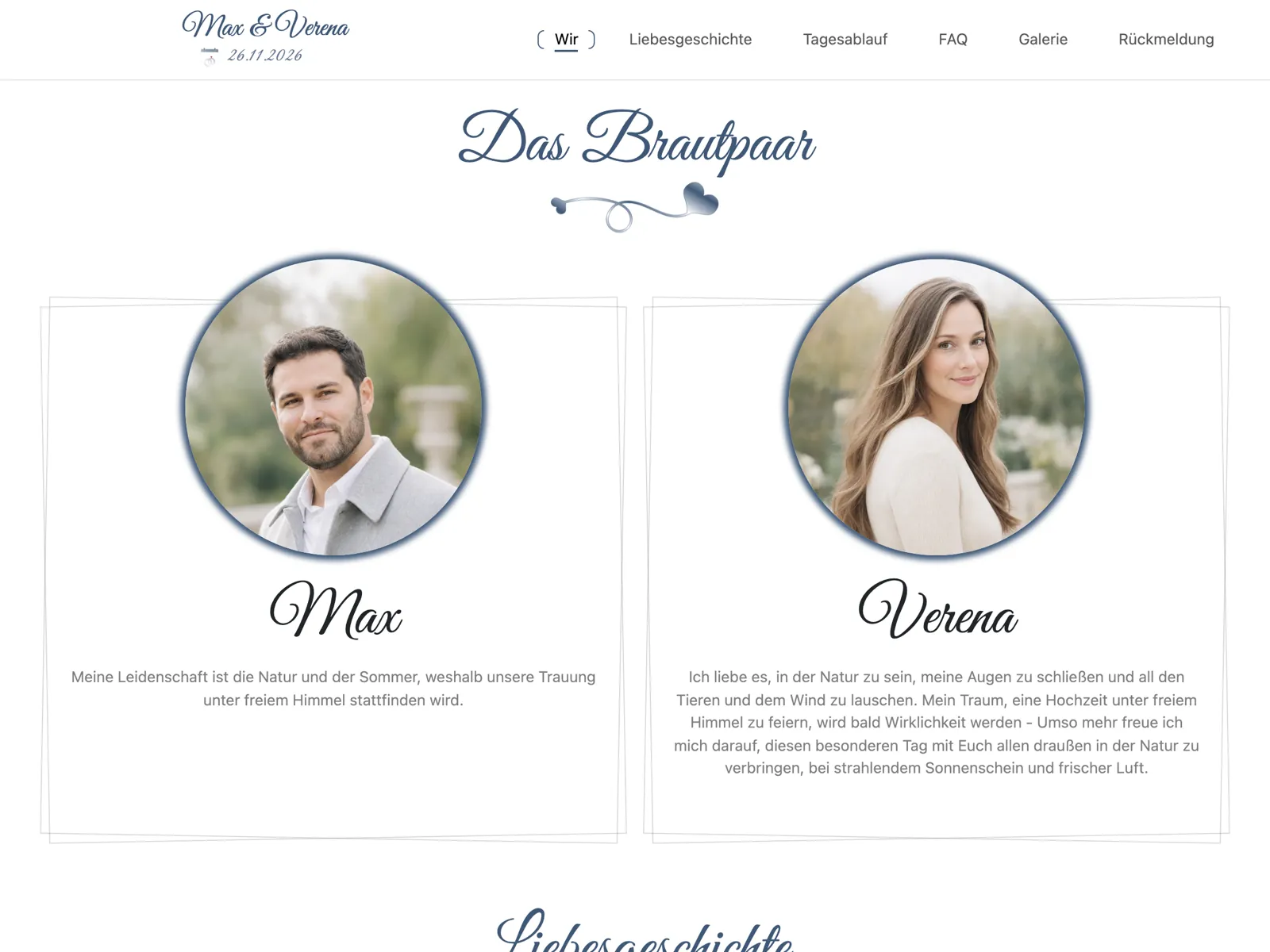 Aufbau der Hochzeitswebsite im Design Mitternachtsblau: Titelbereich, Countdown und Zusage-Block
