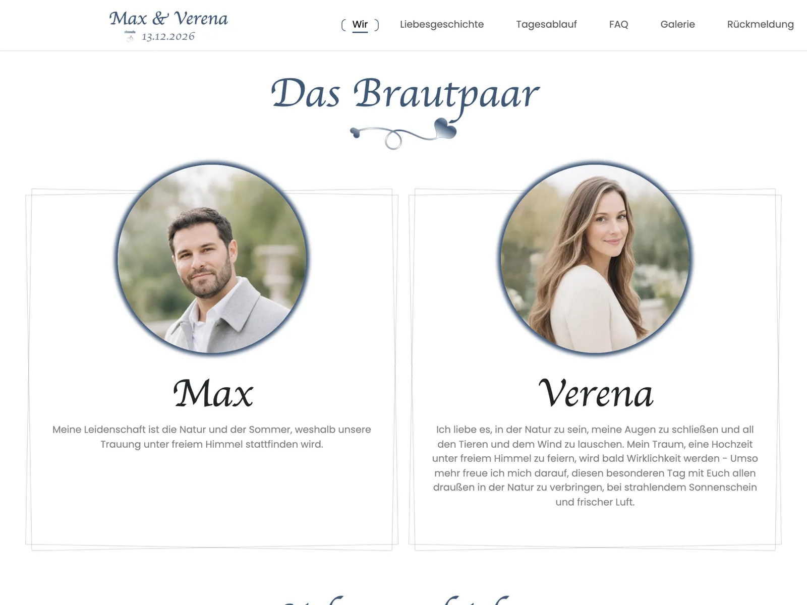 Aufbau der Hochzeitswebsite im Design Mitternachtsblau: Titelbereich, Countdown und Zusage-Block
