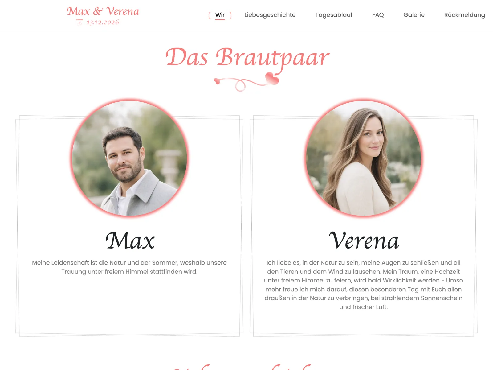 Aufbau der Hochzeitswebsite im Design Rosé: Titelbereich, Countdown und Zusage-Block