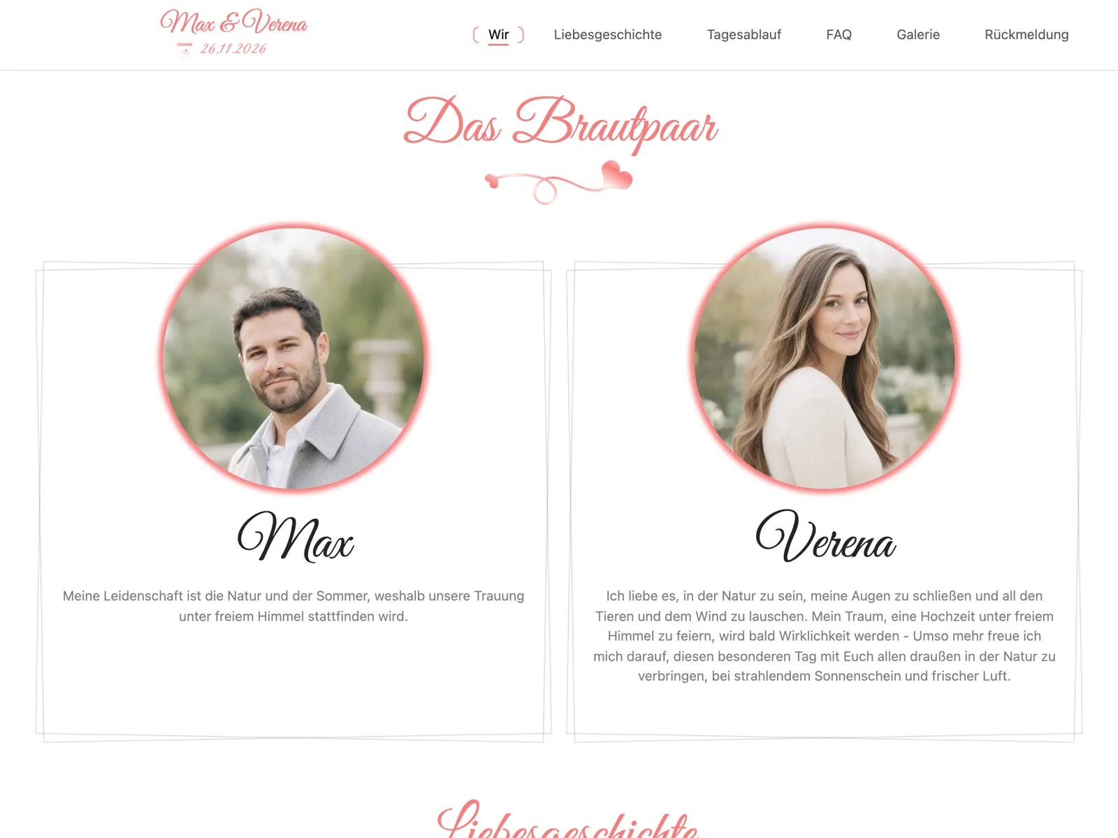 Aufbau der Hochzeitswebsite im Design Rosé: Titelbereich, Countdown und Zusage-Block