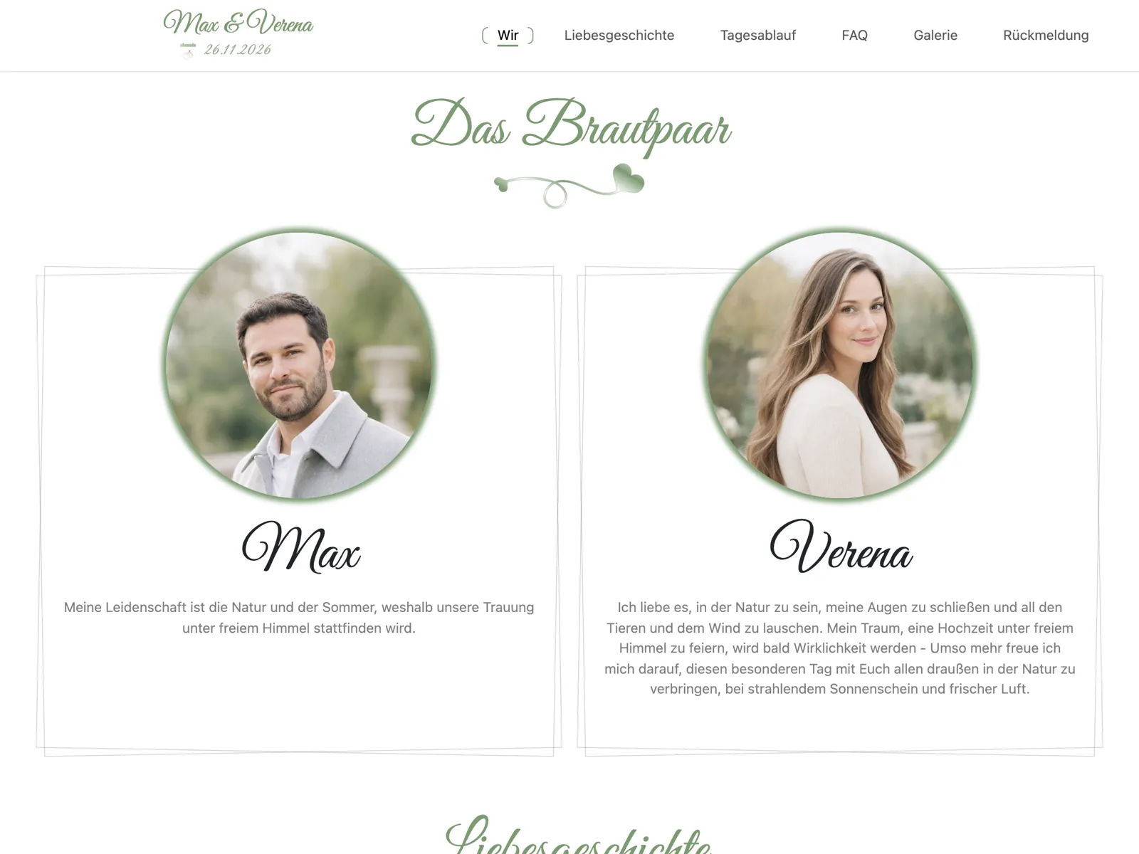 Aufbau der Hochzeitswebsite im Design Salbei: Titelbereich, Countdown und Zusage-Block