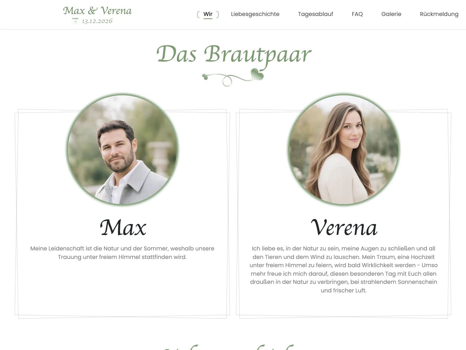 Aufbau der Hochzeitswebsite im Design Salbei: Titelbereich, Countdown und Zusage-Block