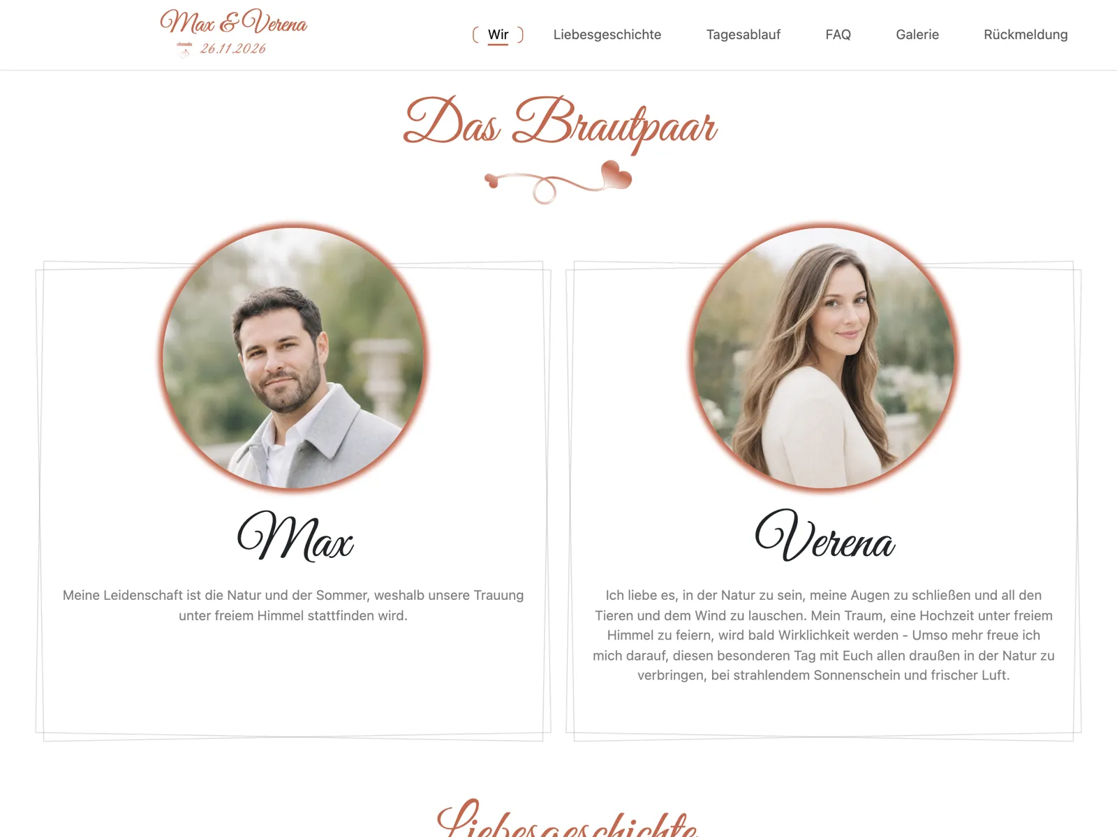 Aufbau der Hochzeitswebsite im Design Terrakotta: Titelbereich, Countdown und Zusage-Block