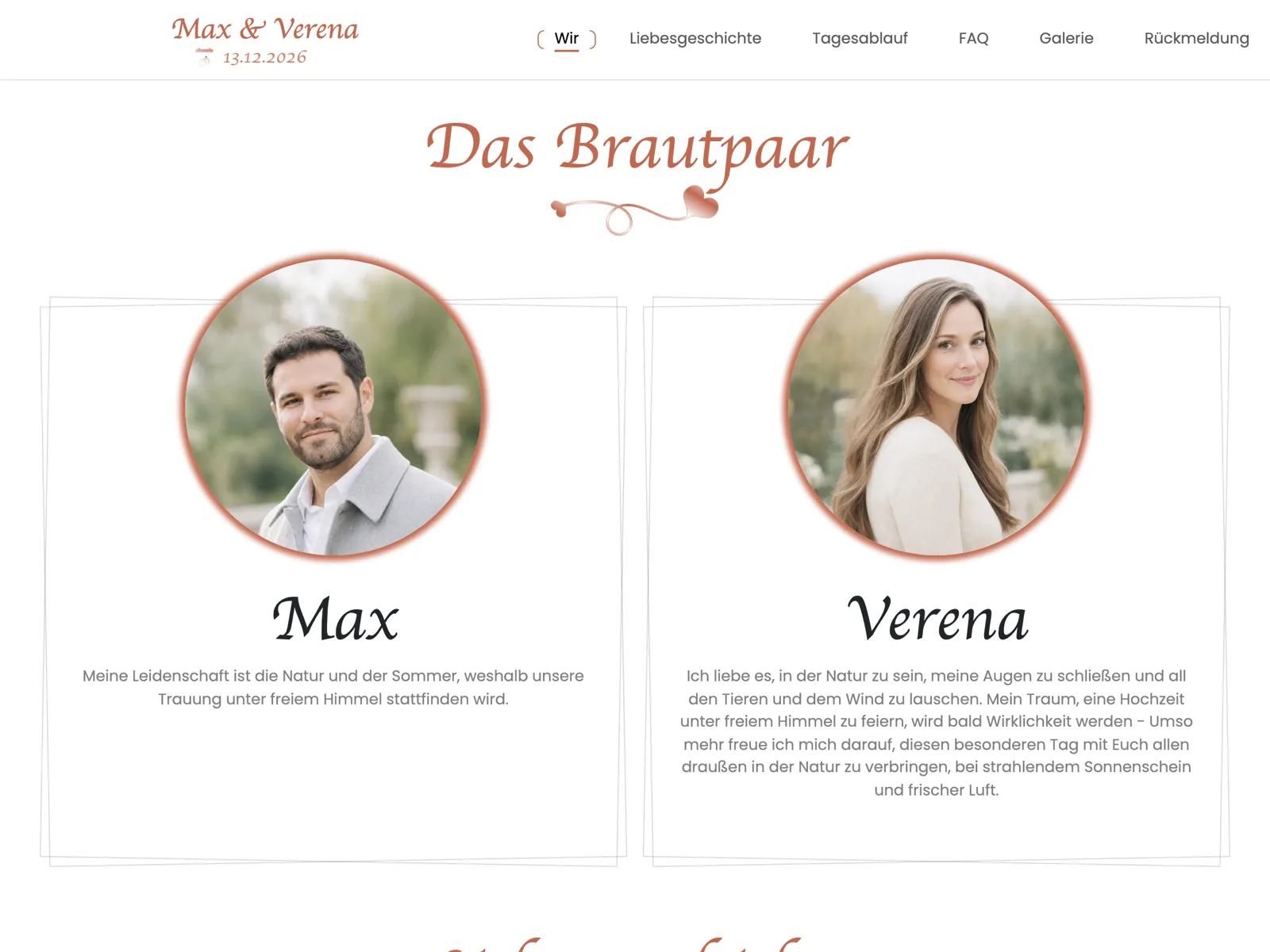 Aufbau der Hochzeitswebsite im Design Terrakotta: Titelbereich, Countdown und Zusage-Block